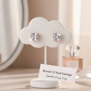 Classic Style Round CZ Stud Earrings - Clear Cubic Zirconia Solitaire - New